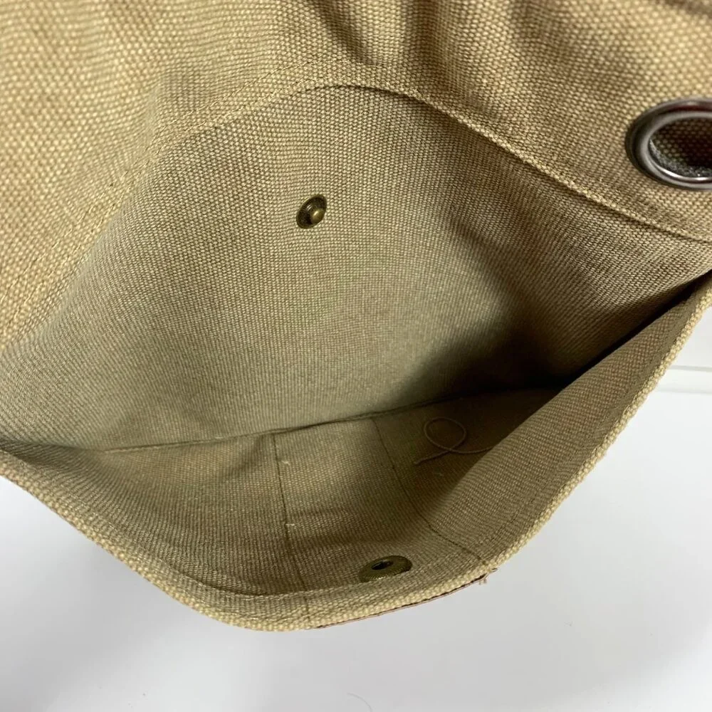 Heavy Khaki Canvas Faux Leather Trim Messenger Satchel Crossbody Bag Pockets EUC